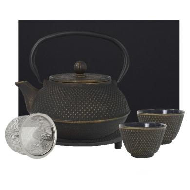 teeblume cast iron teapot set, Arare, 0,9 litre, with strainer, coaster and 2 mugs in a gift box- different colours
