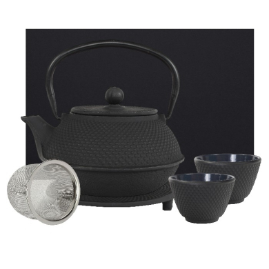 teeblume Gusseisen Teekannen Set, Arare, 0,9 Liter, mit Sieb, Untersetzer und 2 Becher in einer Geschenkbox verschiedene Farben