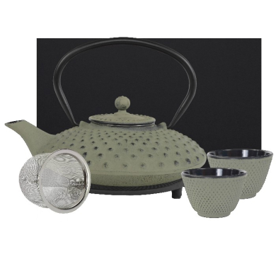 teeblume cast iron teapot set, Kambin, 0.9 litre, with strainer, coaster and 2 mugs in a gift box- different colours