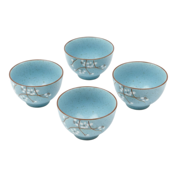 Asiatisches Schüssel-Set Torusakura in Türkis mit Kirschblüten, 4-teilig, Ø 11,5 cm, Höhe 7,5 cm, ca. 320 ml.