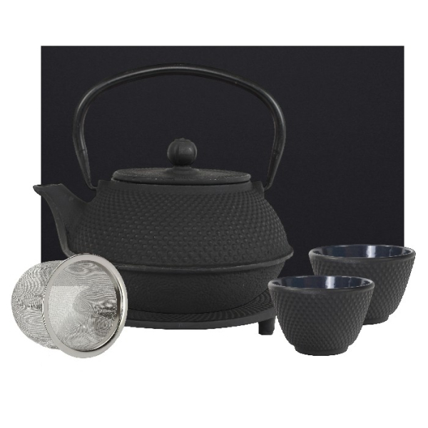 teeblume Gusseisen Teekannen Set, Arare, 0,9 Liter, mit Sieb, Untersetzer und 2 Becher in einer Geschenkbox verschiedene Farben