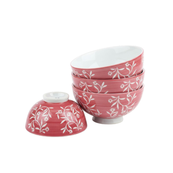 Asiatisches Schalen-Set Sofubo, hell-rot mit Blumen, 4-TLG, Ø 11 cm, 6 cm hoch, ca. 200 ml