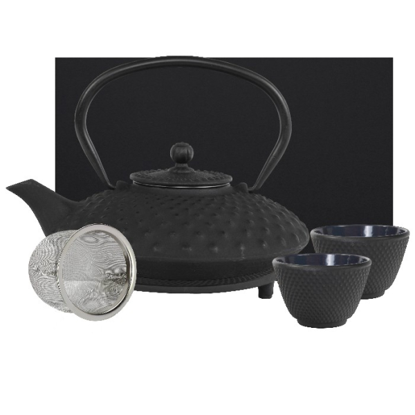 teeblume cast iron teapot set, Kambin, 0.9 litre, with strainer, coaster and 2 mugs in a gift box- different colours