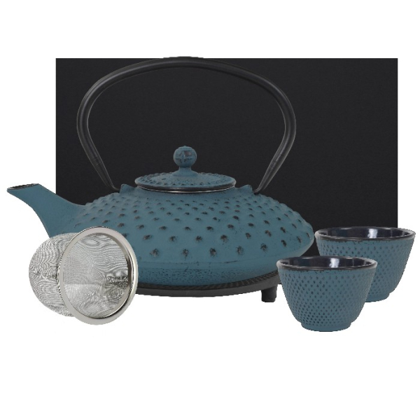 teeblume cast iron teapot set, Kambin, 0,9 litre, with strainer, coaster and 2 mugs in a gift box- different colours