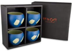 Japanisches Teebecher Geschenkset, 4 Teebecher, Raku Keramik, Blau/grün, 13 ml
