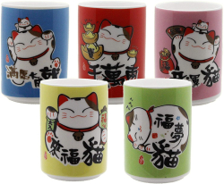 Teetassen, 5-TLG, Ø 6,5 cm, 10 cm hoch, asiatisches Porzellan, lustige asiatische Katzen-Motive im Comic-Stil, inkl. Geschenk-Box